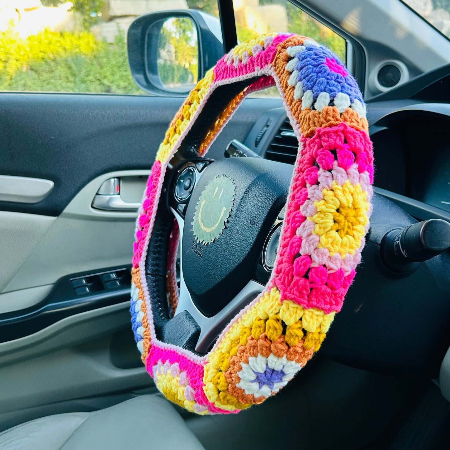 Steering Wheel Cover for women, Crochet Colorful flower seat belt Cover, Car Accessories decorations