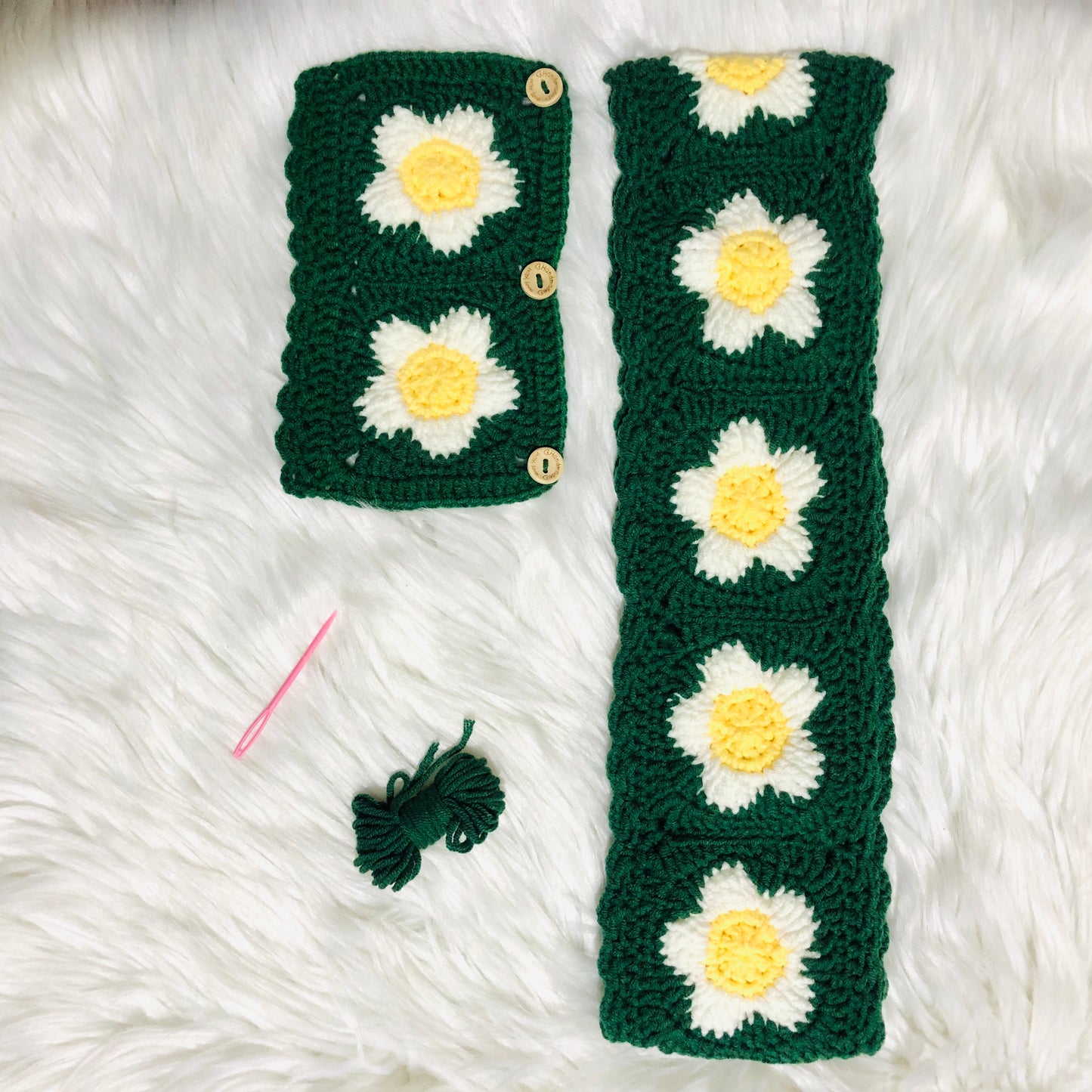 Steering Wheel Cover for women, Crochet Green flower seat belt Cover, Car Accessories decorations