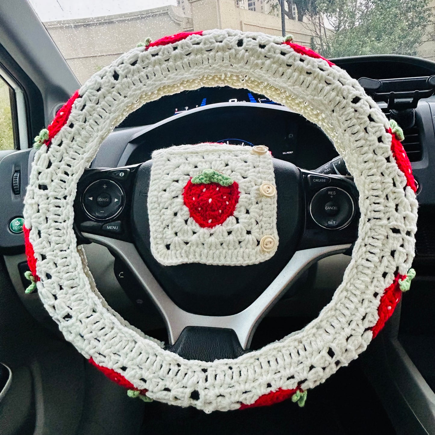 Crochet Car Decoration Set, Crochet Strawberry Steering Wheel Cover, Seat belt Cover, Headrest covers Crochet seats cover for cars