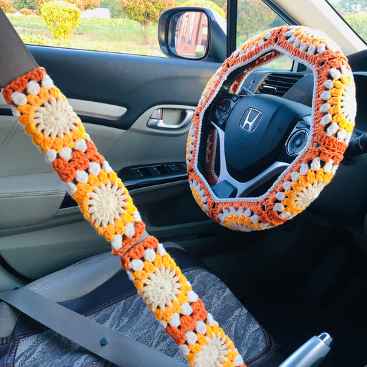 Steering Wheel Cover for women, Crochet cute orange flower seat belt Cover, Car Accessories decorations