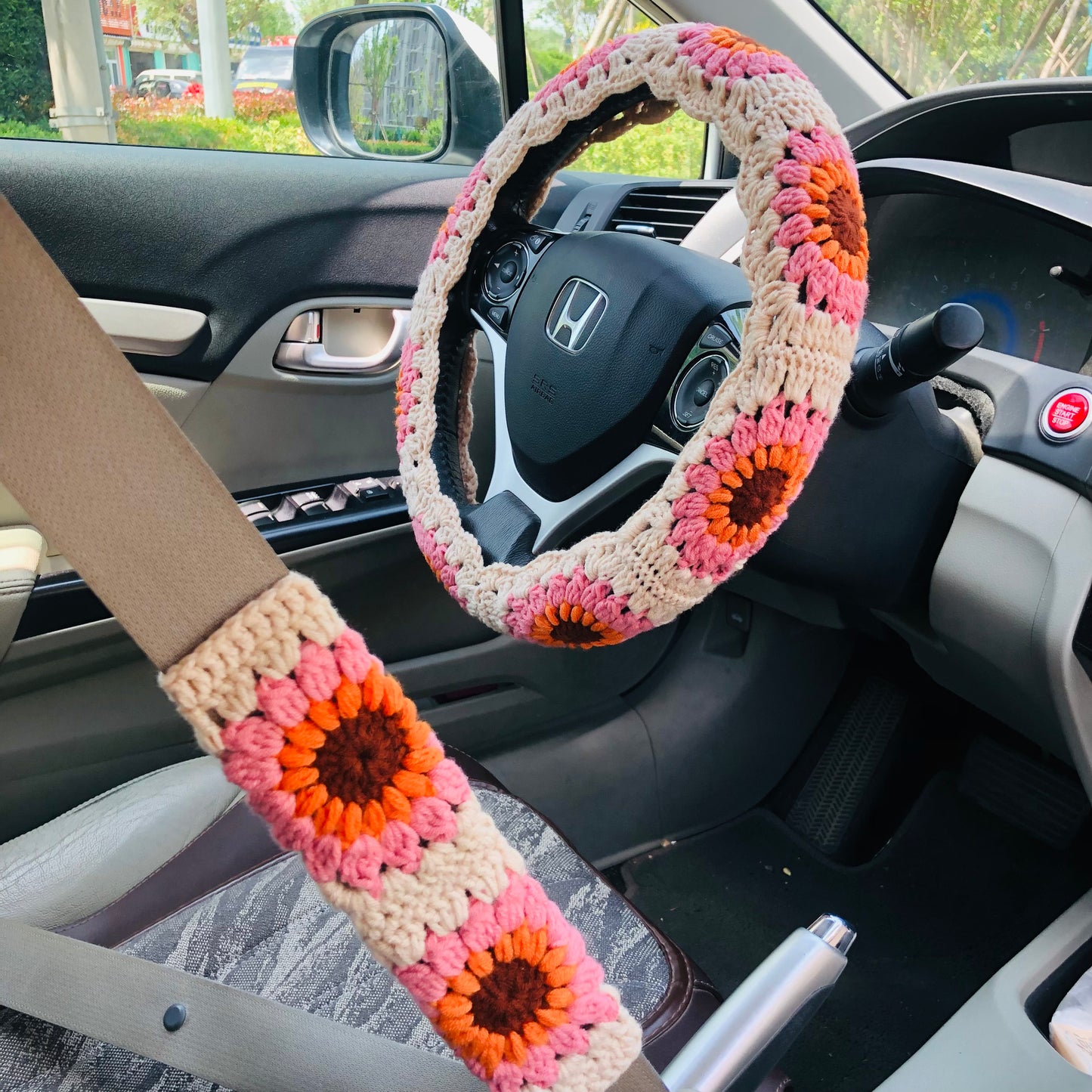 Steering Wheel Cover for women, Crochet vintage flower seat belt Cover, Car Accessories decorations