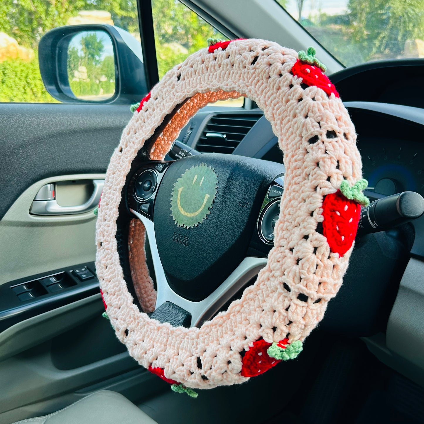 Steering Wheel Cover for women, Crochet cute pink Strawberry flower seat belt Cover, Car Accessories decorations