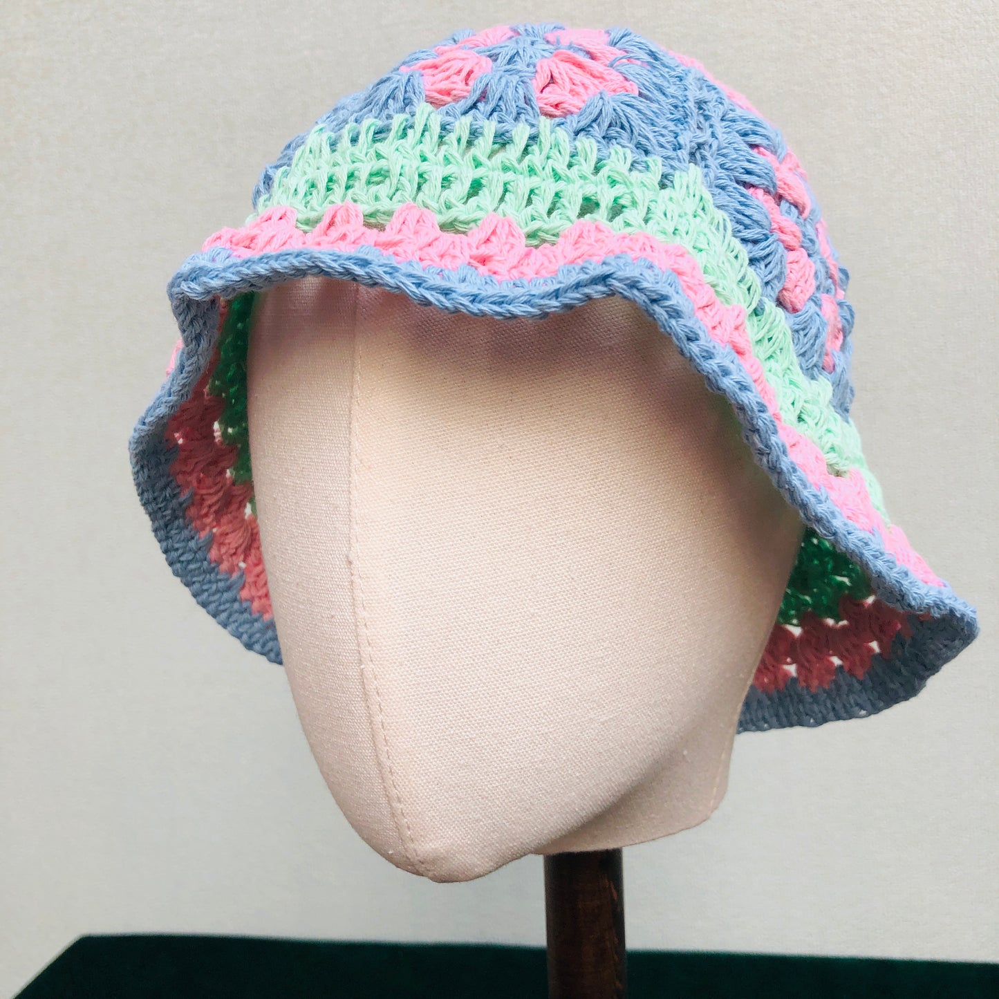 Crochet Hat, Granny Square Bucket Hat, Cute pink Handmade Knitted Hat