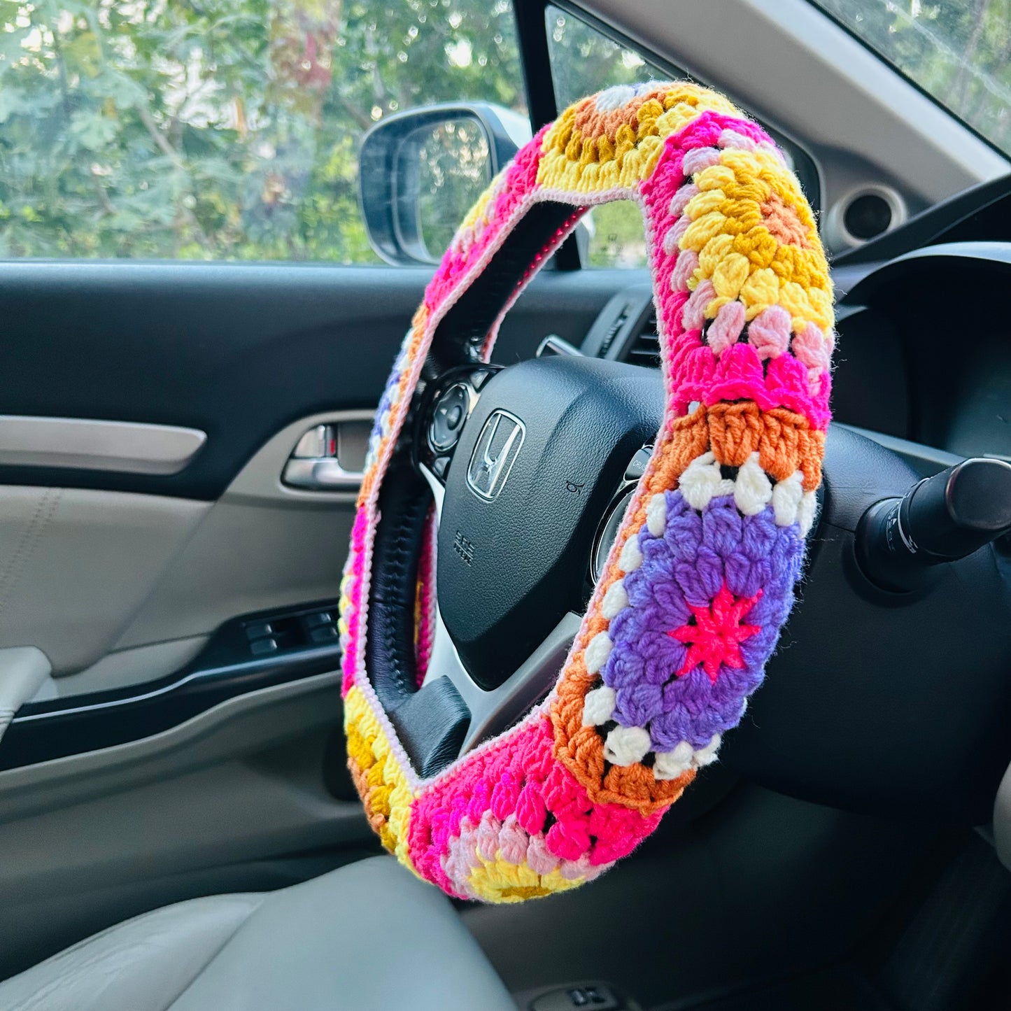 Steering Wheel Cover for women, Crochet Colorful flower seat belt Cover, Car Accessories decorations