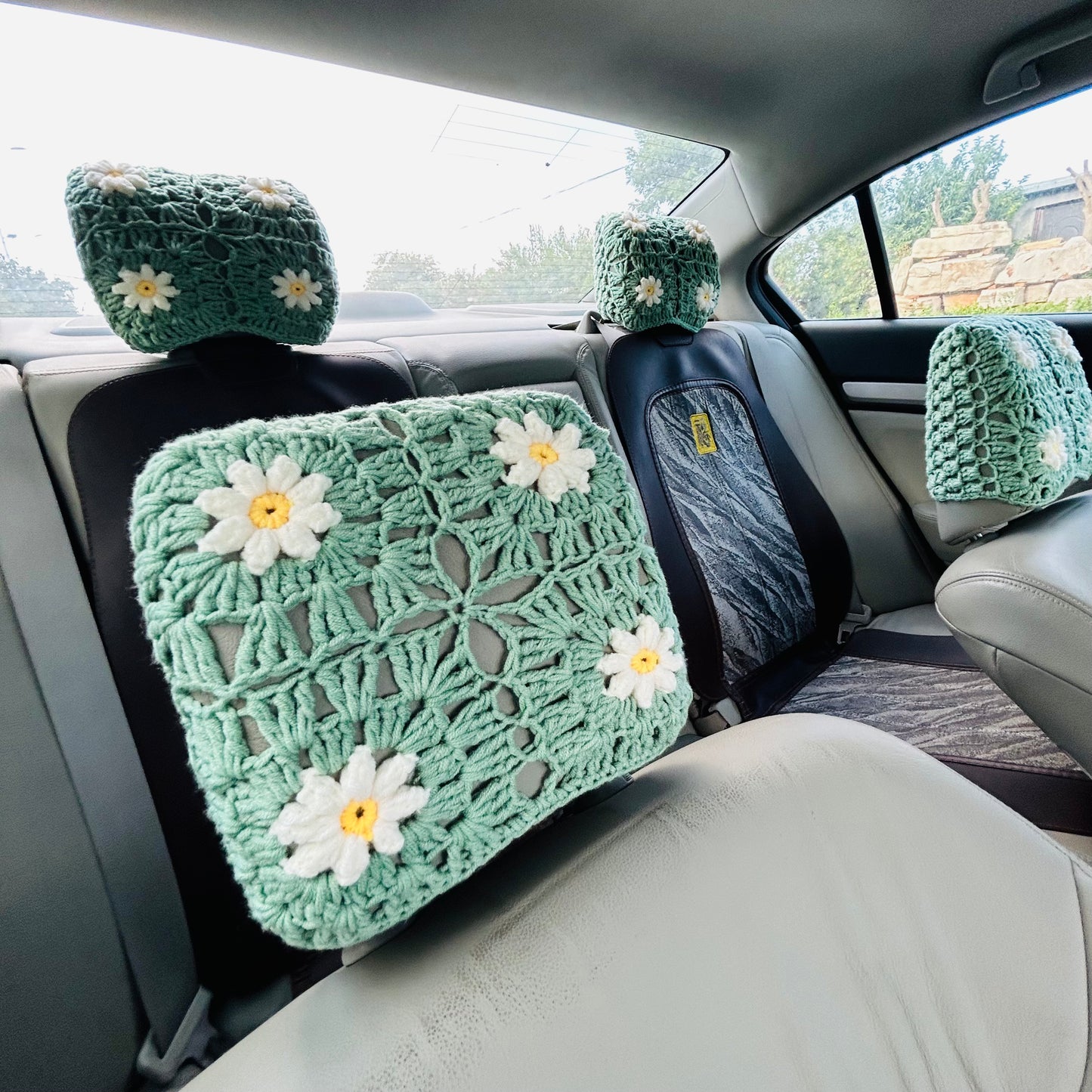 Headrest Covers, Steering Wheel Cover, Crochet Green Daisy Car Seat Headrest Covers ,Seatbelt cover For Women