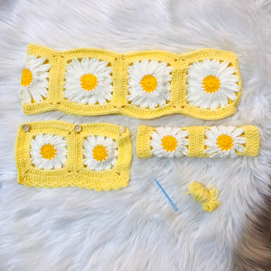 Steering Wheel Cover for women, Crochet yellow daisy flower seat belt Cover, Car Accessories decorations