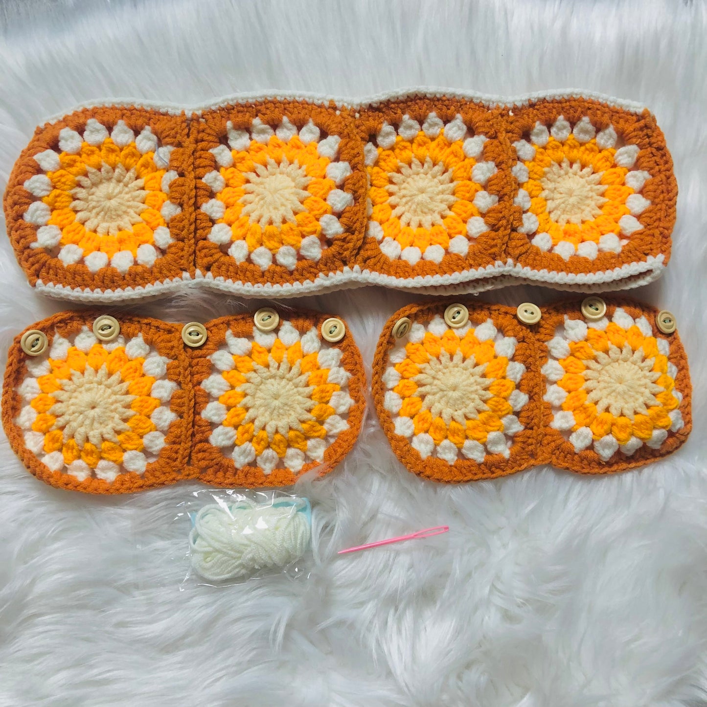 Steering Wheel Cover for women, Crochet cute orange flower seat belt Cover, Car Accessories decorations