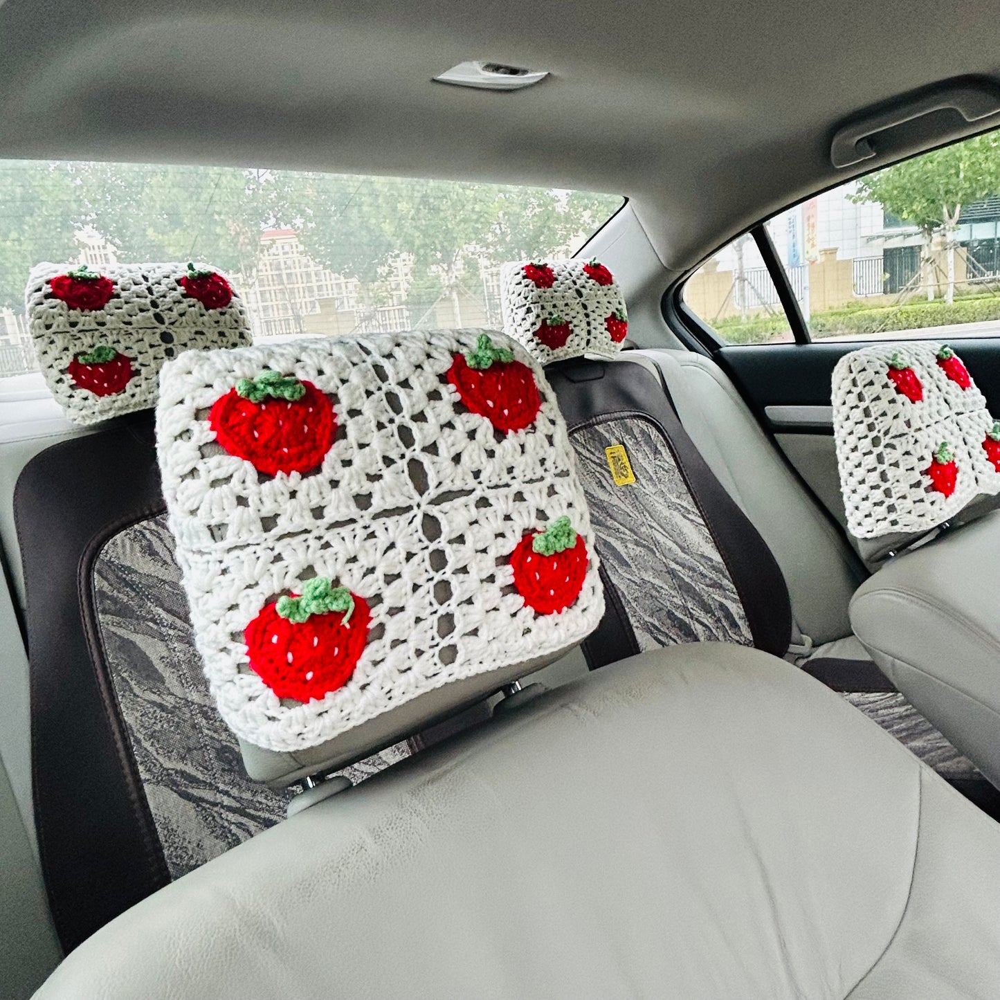 Crochet Car Decoration Set, Crochet Strawberry Steering Wheel Cover, Seat belt Cover, Headrest covers Crochet seats cover for cars