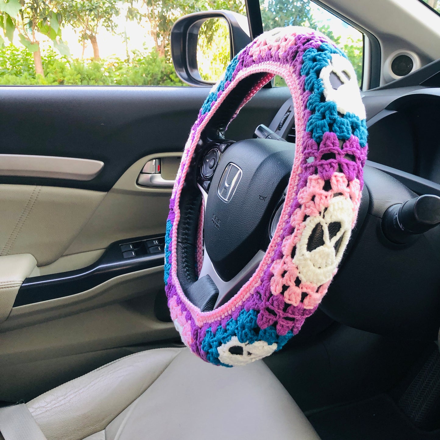 Steering Wheel Cover for women, Crochet Mysterious Skeleton seat belt Cover, Car Accessories decorations