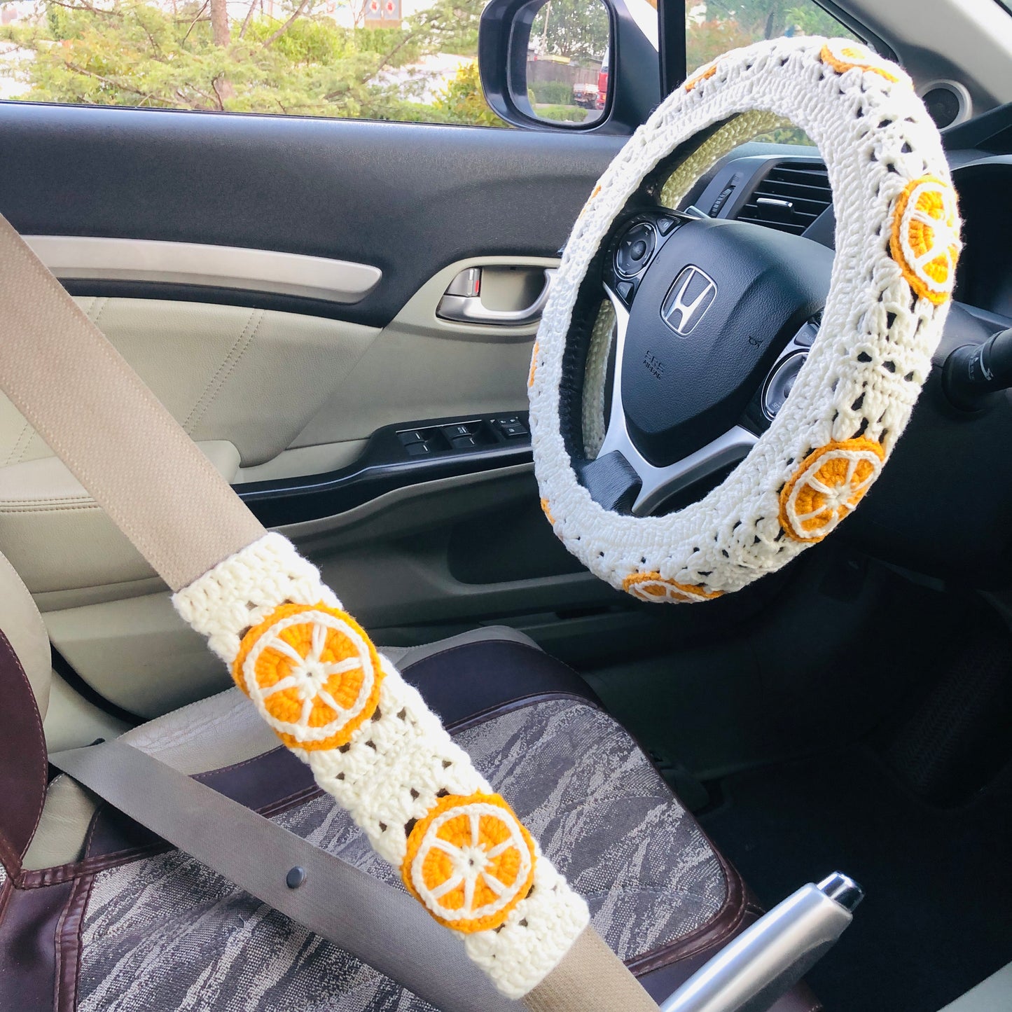 Steering Wheel Cover for women, Crochet cute orange fruit flower seat belt Cover, Car Accessories decorations