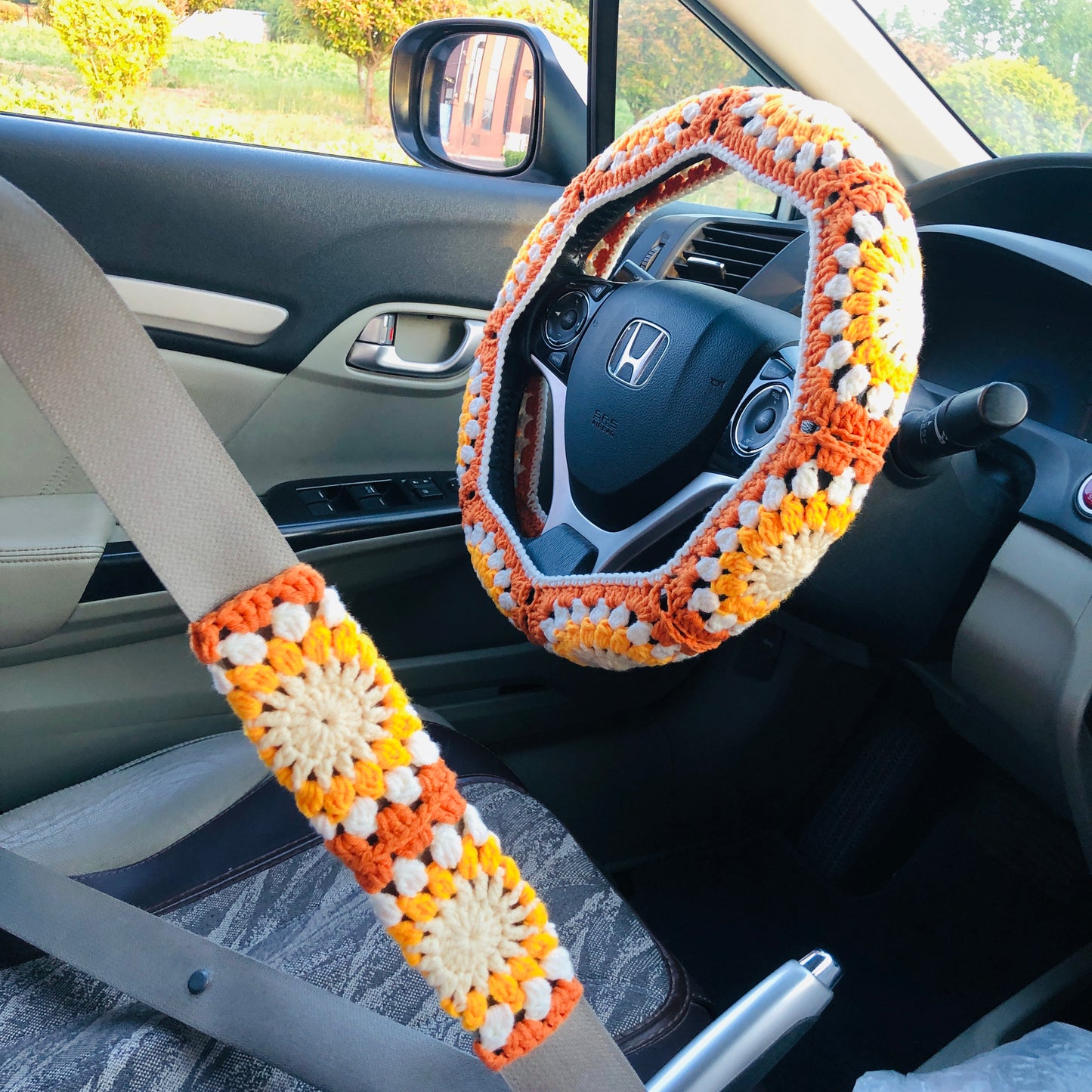 Steering Wheel Cover for women, Crochet cute orange flower seat belt Cover, Car Accessories decorations