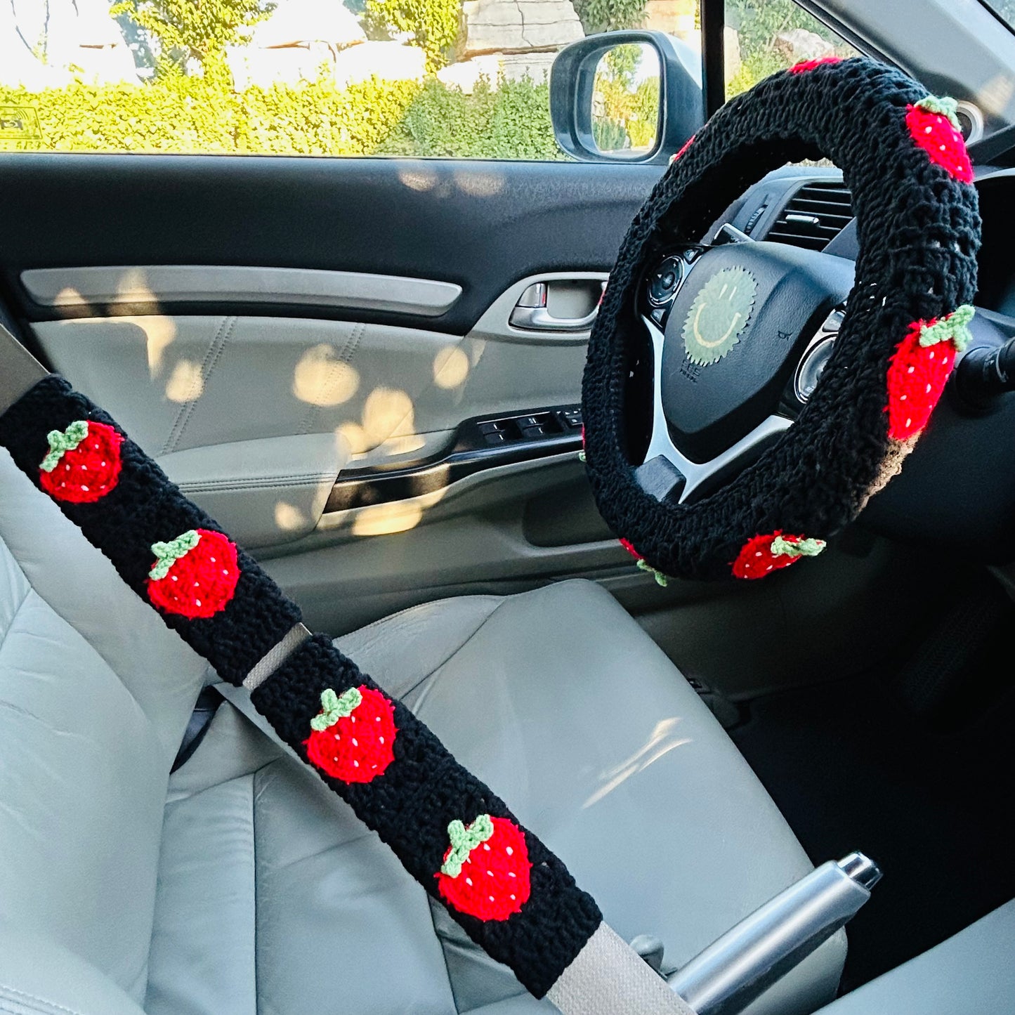 Steering Wheel Cover for women, Crochet cute black Strawberry flower seat belt Cover, Car Accessories decorations