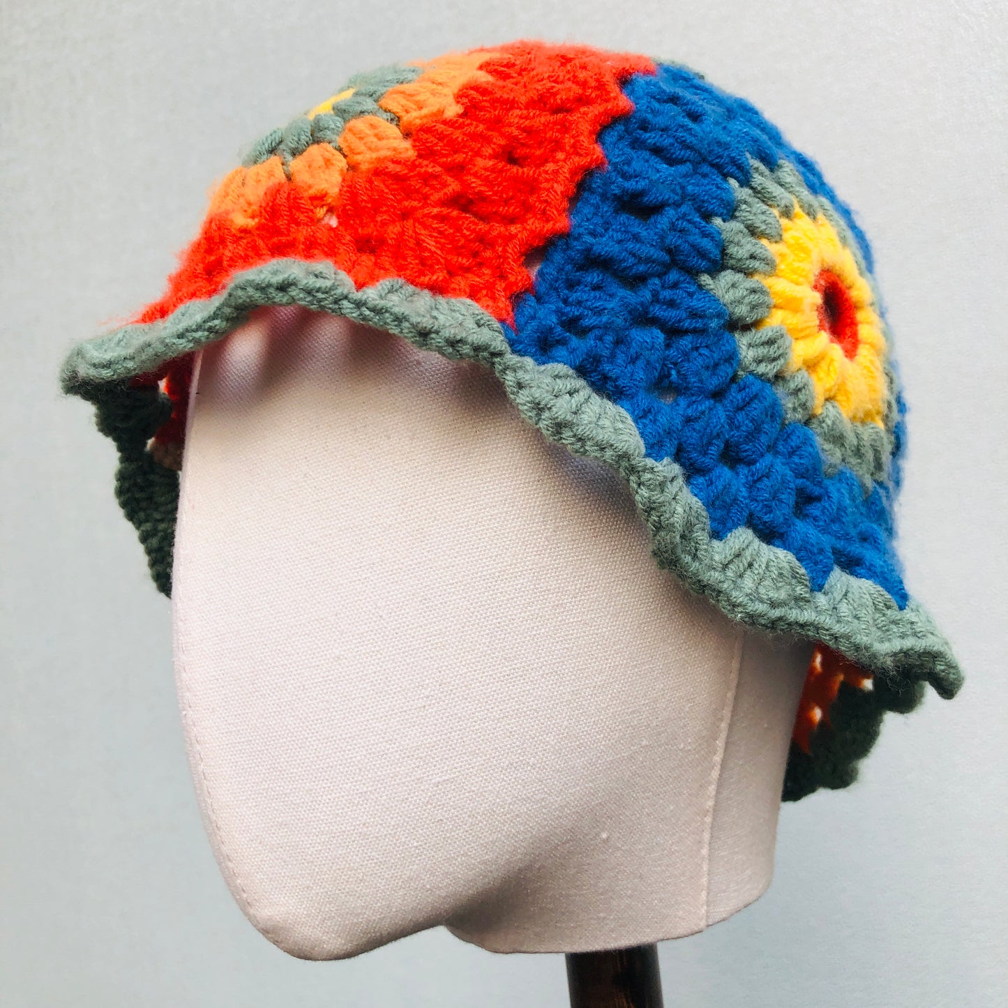 Crochet Hat, Granny Square Bucket Hat, Handmade Colorful Knitted Hat