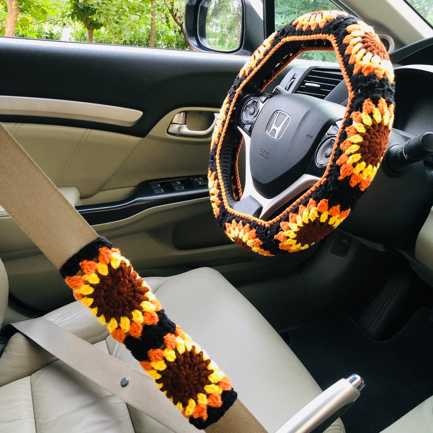 Steering Wheel Cover for women, Crochet Black flower seat belt Cover, Car Accessories decorations