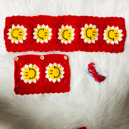 Handmade crochet cute red smiley face Steering Wheel Cover for women,daisy flower seat belt Cover, Car interior Accessories decorations gift