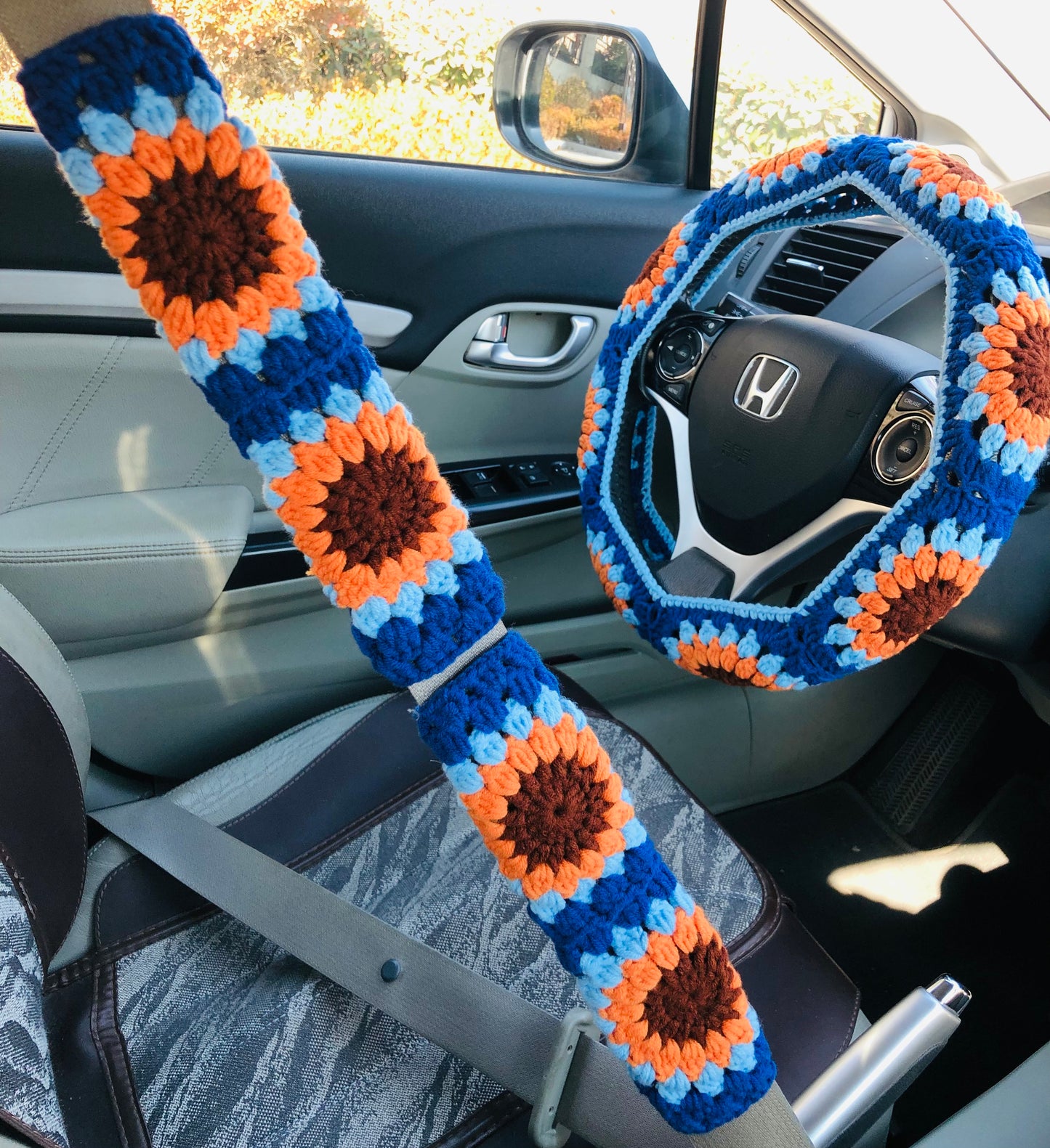 Steering Wheel Cover for women, Crochet cute flower seat belt Cover, Car Accessories decorations