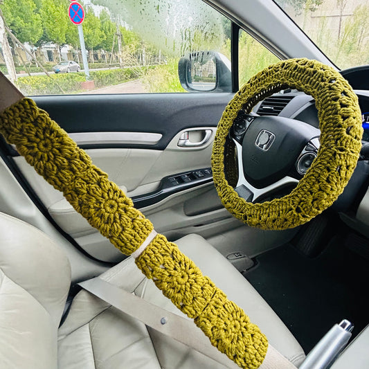 Steering Wheel Cover for women, Crochet Simple Olive Green flower seat belt Cover, Car Accessories decorations