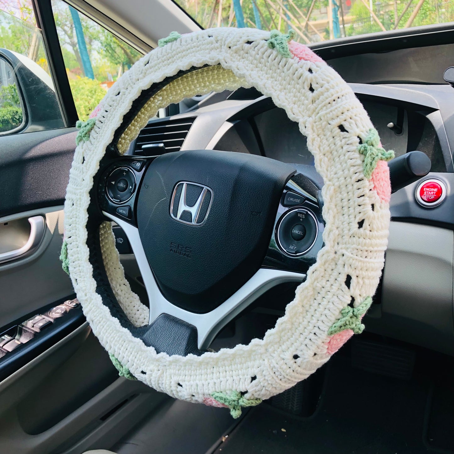 Steering Wheel Cover for women, Crochet cute pink Strawberry flower seat belt Cover, Car Accessories decorations