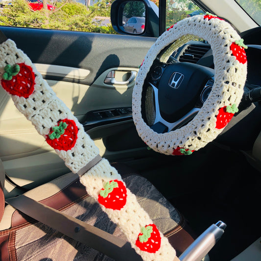Handmade Crochet Strawberry Car Steering Wheel Cover