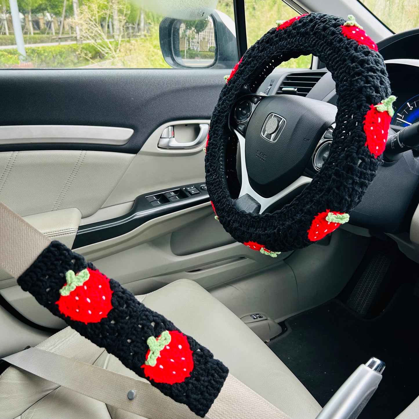 Steering Wheel Cover for women, Crochet cute black Strawberry flower seat belt Cover, Car Accessories decorations