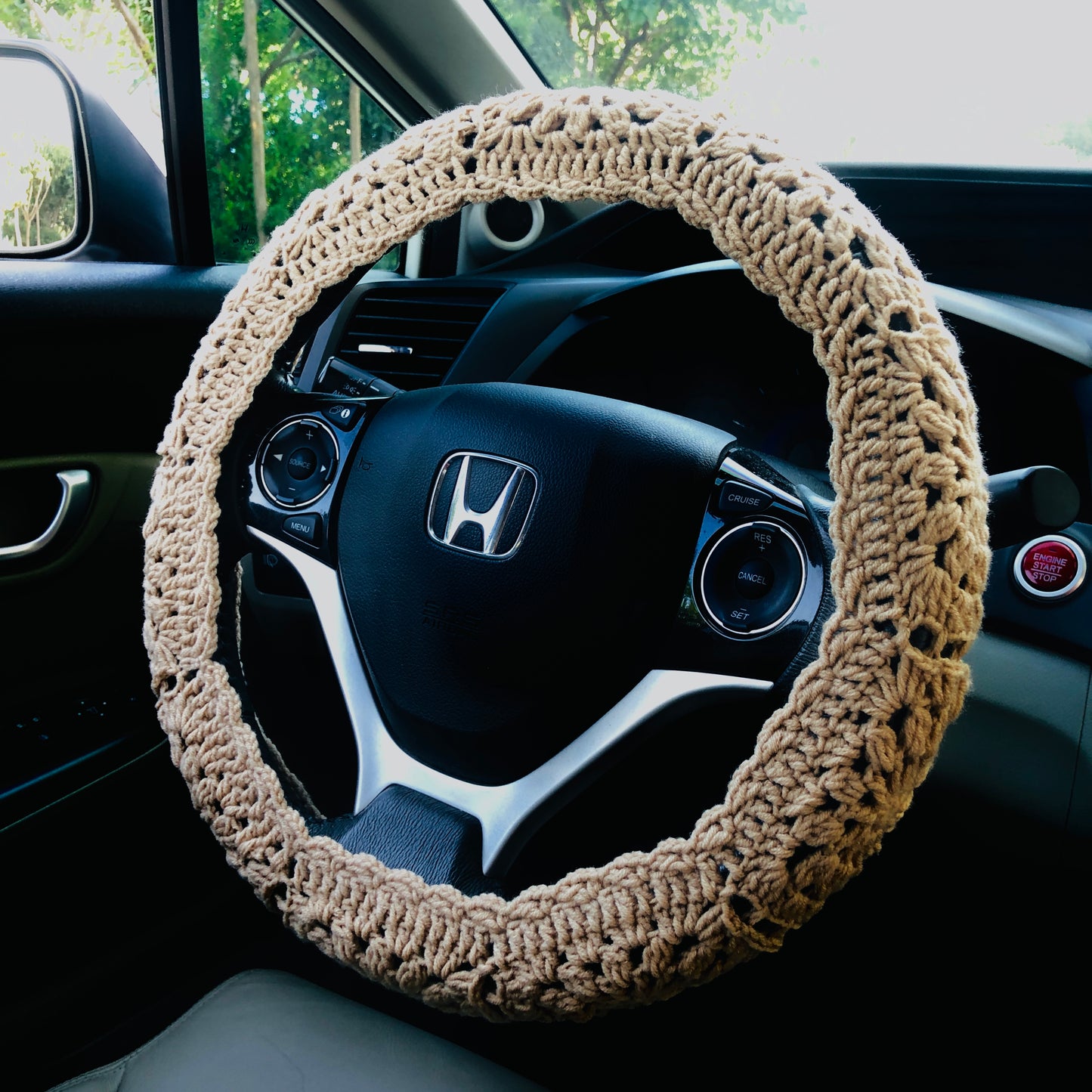 Steering Wheel Cover for women, Crochet Brown flower seat belt Cover, Car Accessories decorations