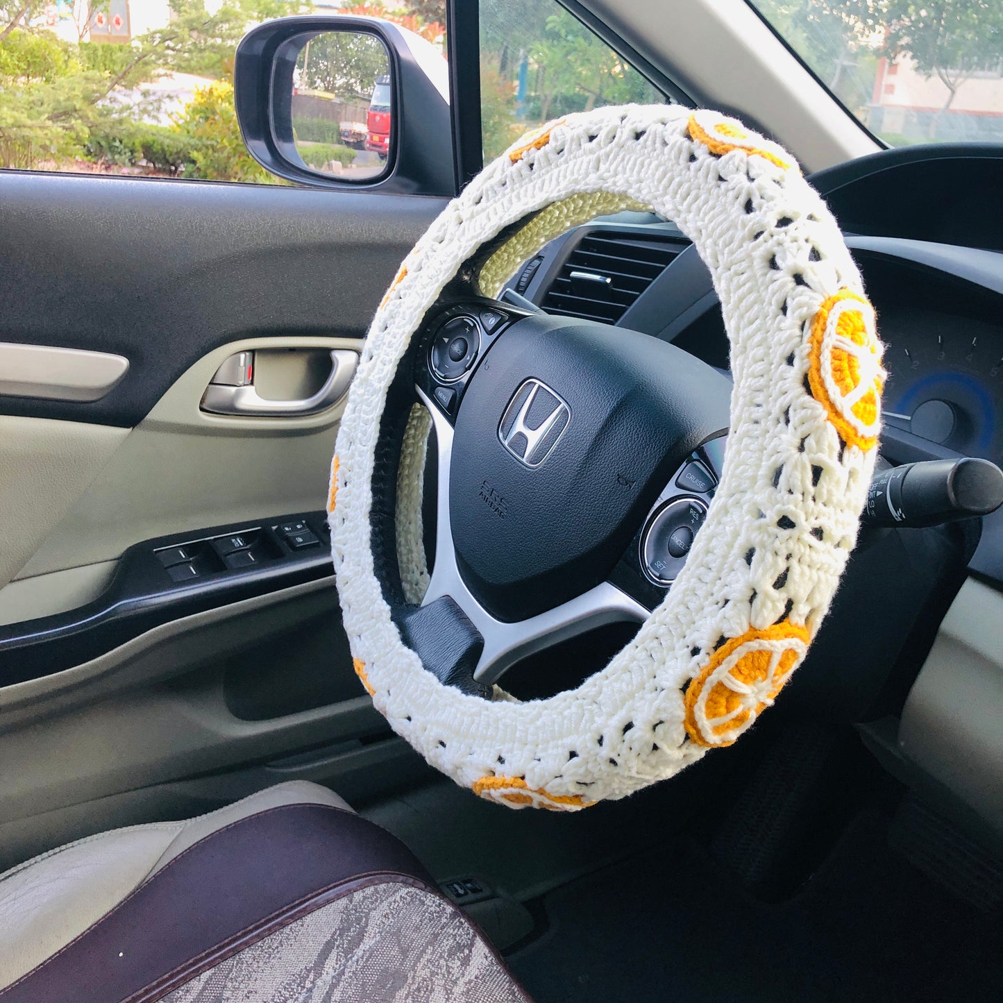 Steering Wheel Cover for women, Crochet cute orange fruit flower seat belt Cover, Car Accessories decorations