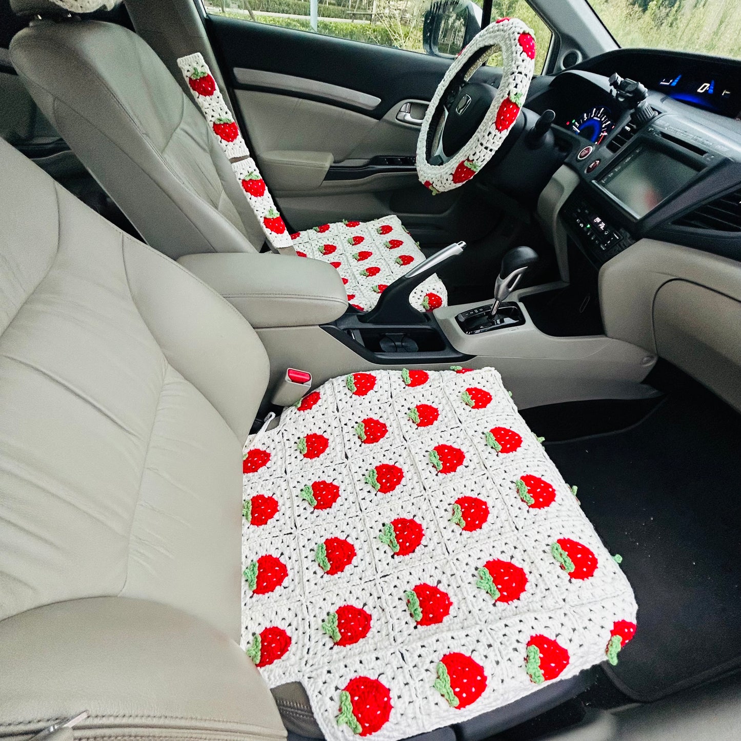 Crochet Car Decoration Set, Crochet Strawberry Steering Wheel Cover, Seat belt Cover, Headrest covers Crochet seats cover for cars