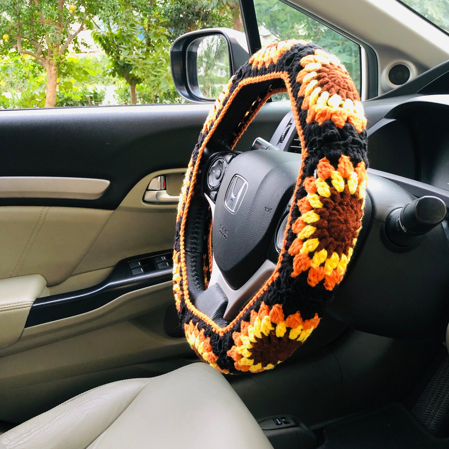 Steering Wheel Cover for women, Crochet Black flower seat belt Cover, Car Accessories decorations