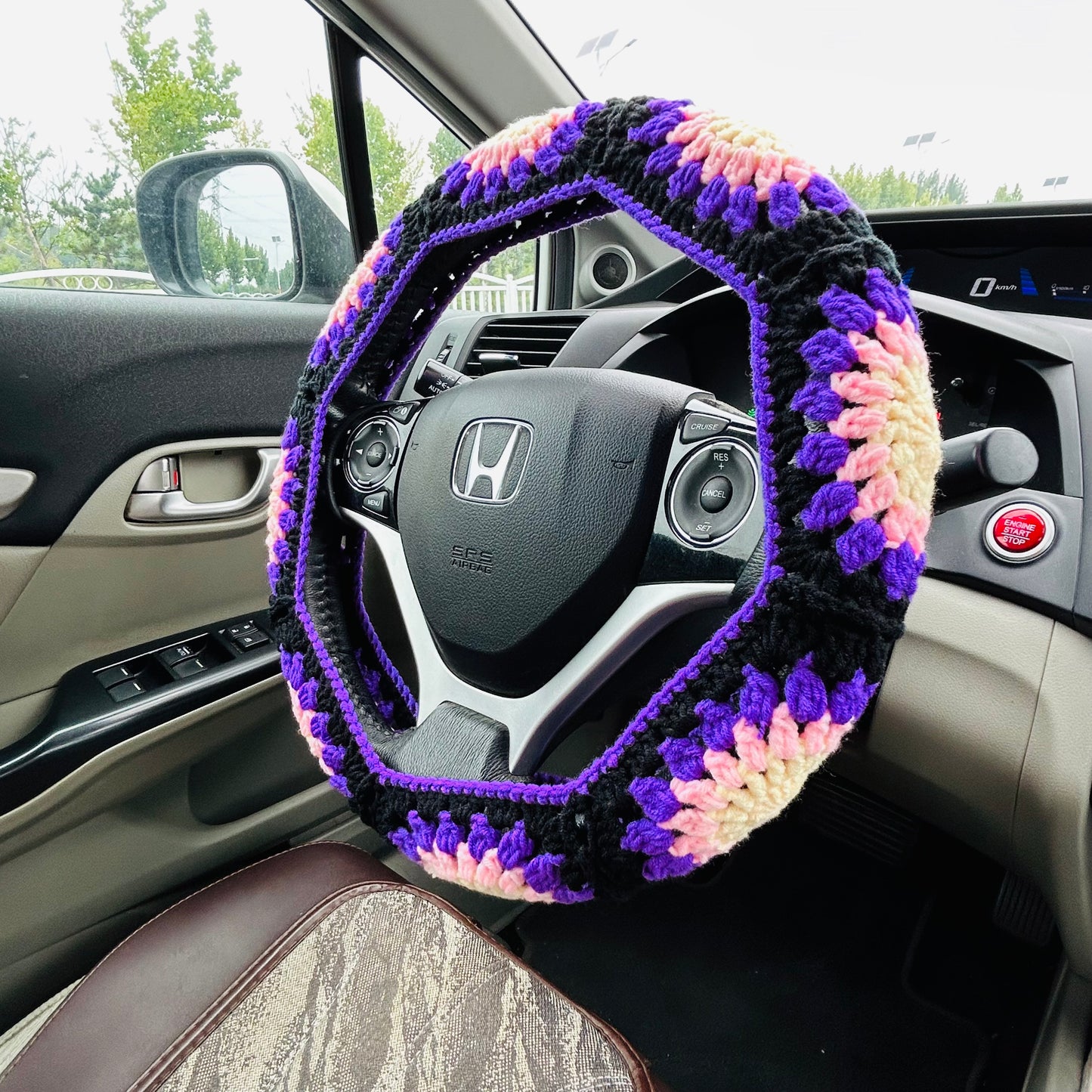 Steering Wheel Cover for women, Crochet Purple flower seat belt Cover, Car Accessories decorations