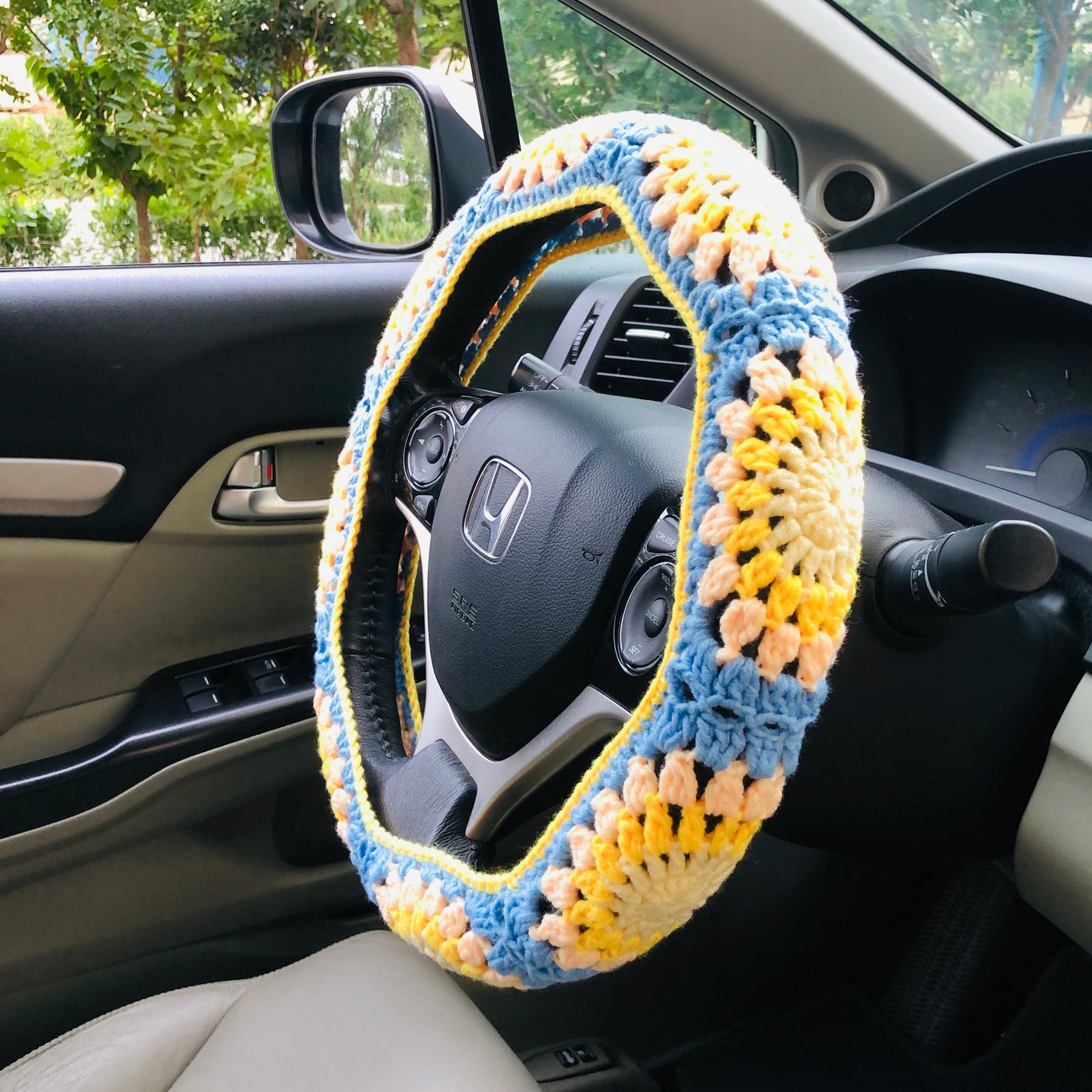 Steering Wheel Cover for women, Crochet cute yellow blue flower seat belt Cover, Car Accessories decorations