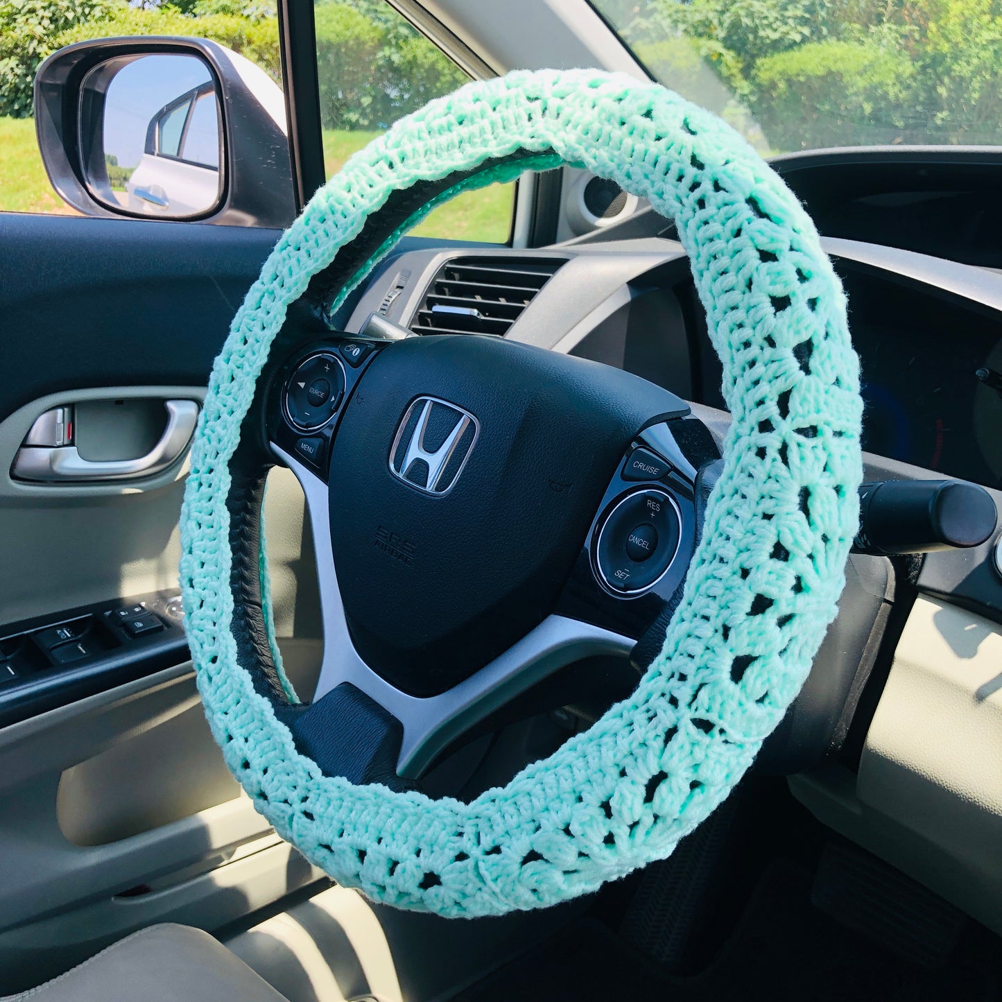 Steering Wheel Cover for women, Crochet Light green flower seat belt Cover, Car Accessories decorations