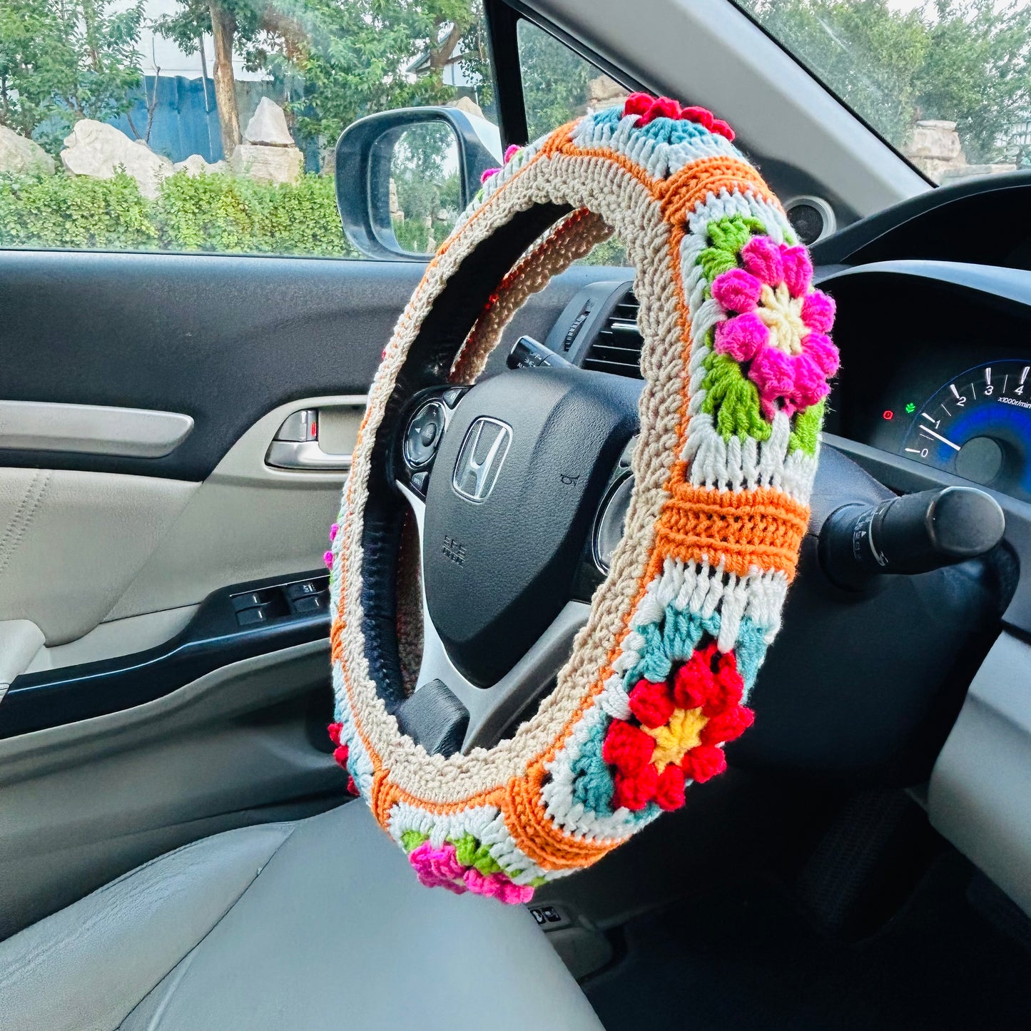 Steering Wheel Cover for women, Crochet Ginger puff  light brown flower seat belt Cover, Car Accessories decorations