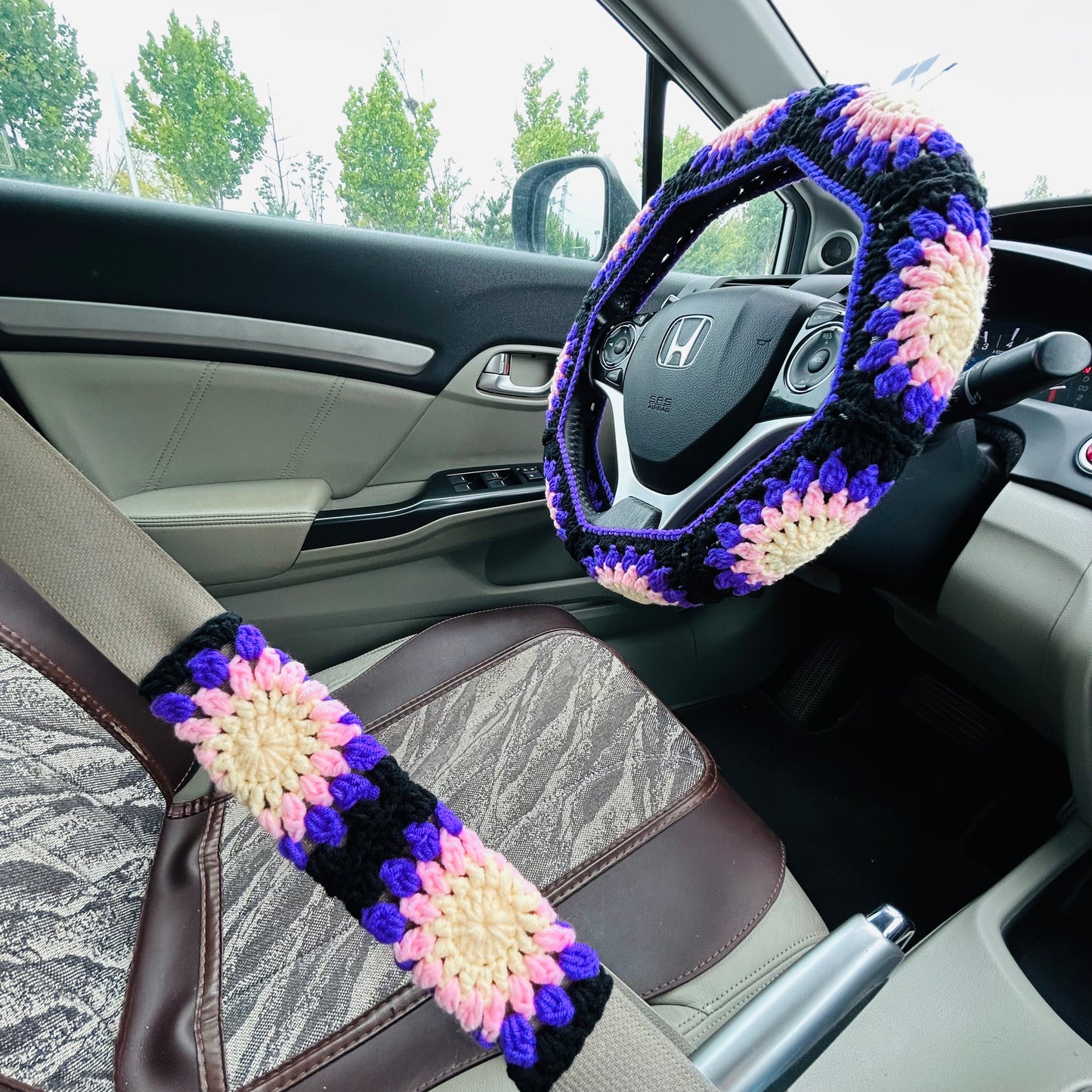 Steering Wheel Cover for women, Crochet Purple flower seat belt Cover, Car Accessories decorations