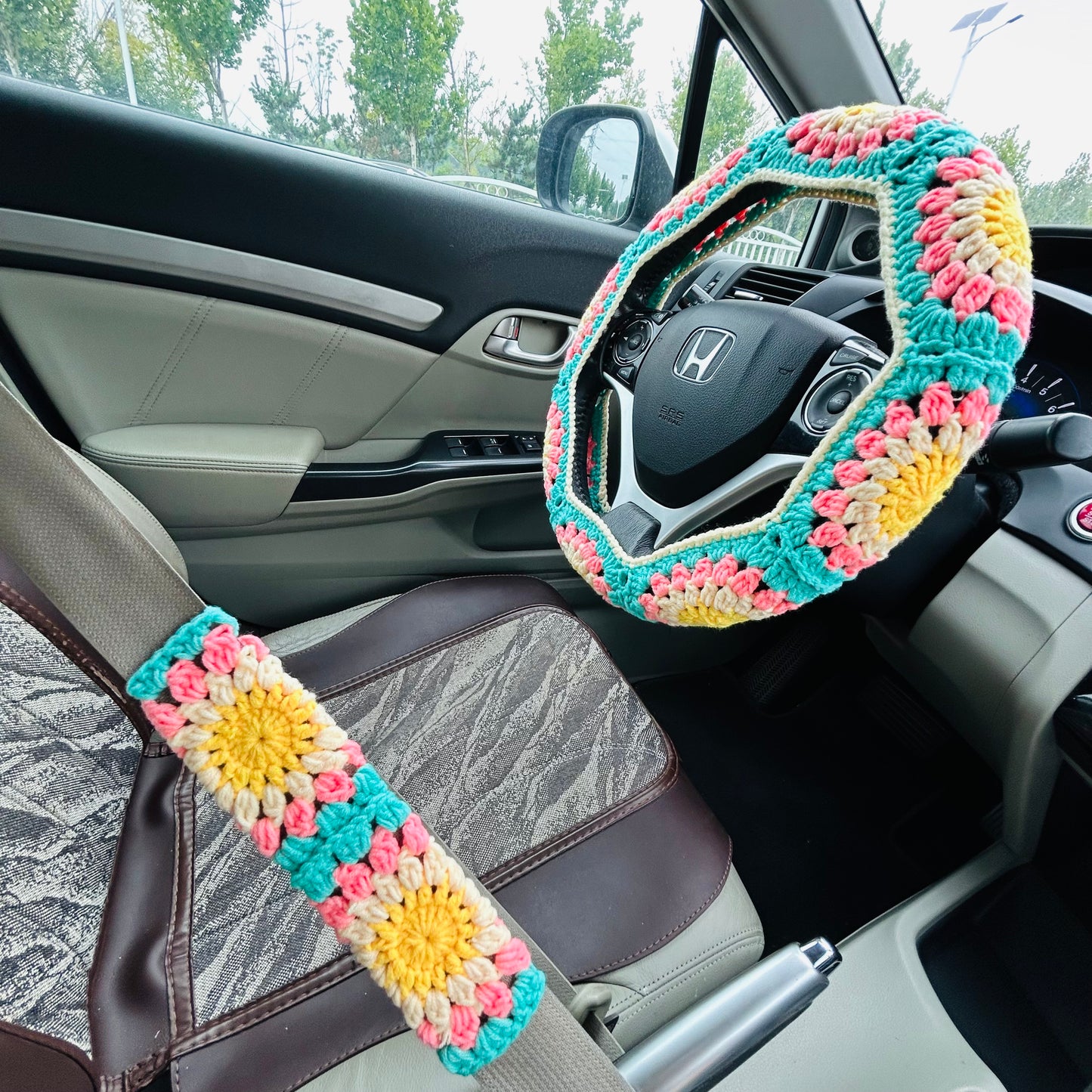 Steering Wheel Cover for women, Crochet Green pink flower seat belt Cover, Car Accessories decorations