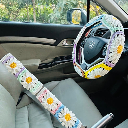 Steering Wheel Cover for women, Crochet cute colorful daisy flower seat belt Cover, Car Accessories decorations