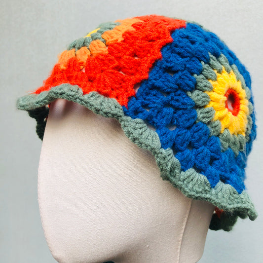 Crochet Hat, Granny Square Bucket Hat, Handmade Colorful Knitted Hat