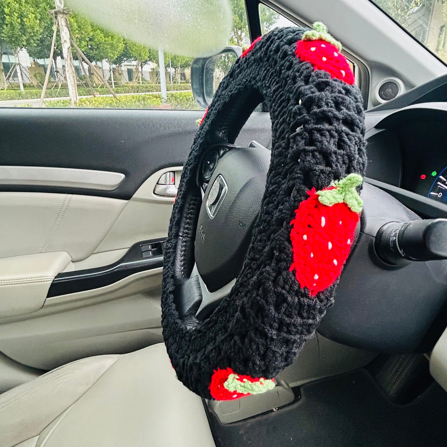 Steering Wheel Cover for women, Crochet cute black Strawberry flower seat belt Cover, Car Accessories decorations