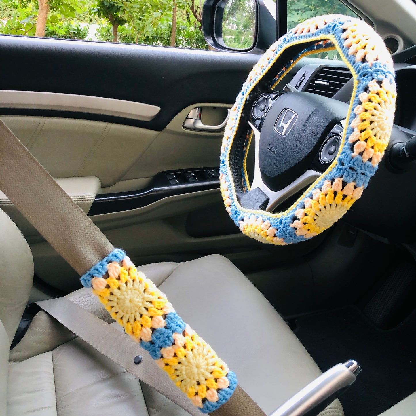 Steering Wheel Cover for women, Crochet cute yellow blue flower seat belt Cover, Car Accessories decorations