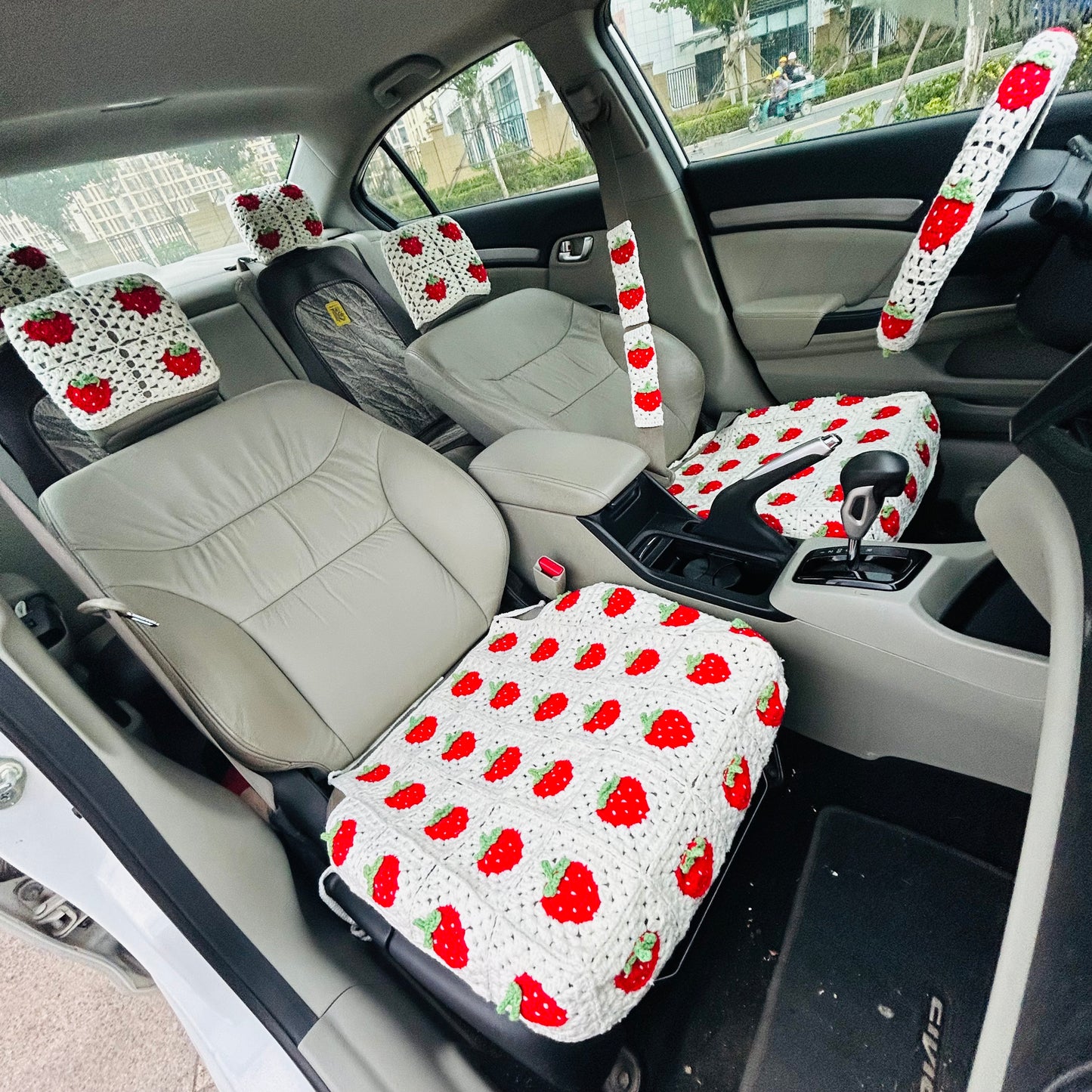 Crochet Car Decoration Set, Crochet Strawberry Steering Wheel Cover, Seat belt Cover, Headrest covers Crochet seats cover for cars