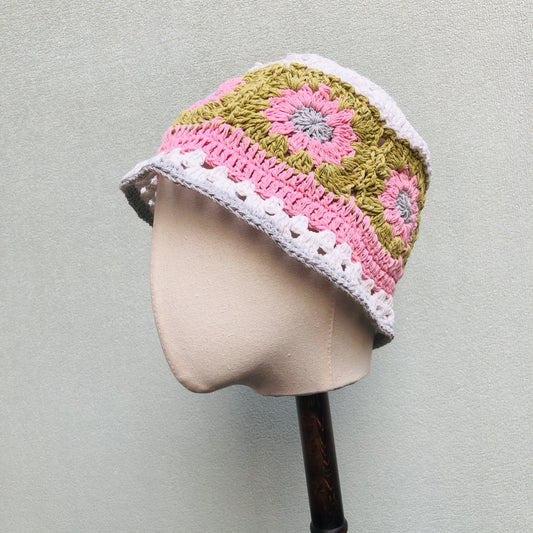 Crochet Hat, Granny Square Bucket Hat, Pink whtie Handmade Knitted Hat