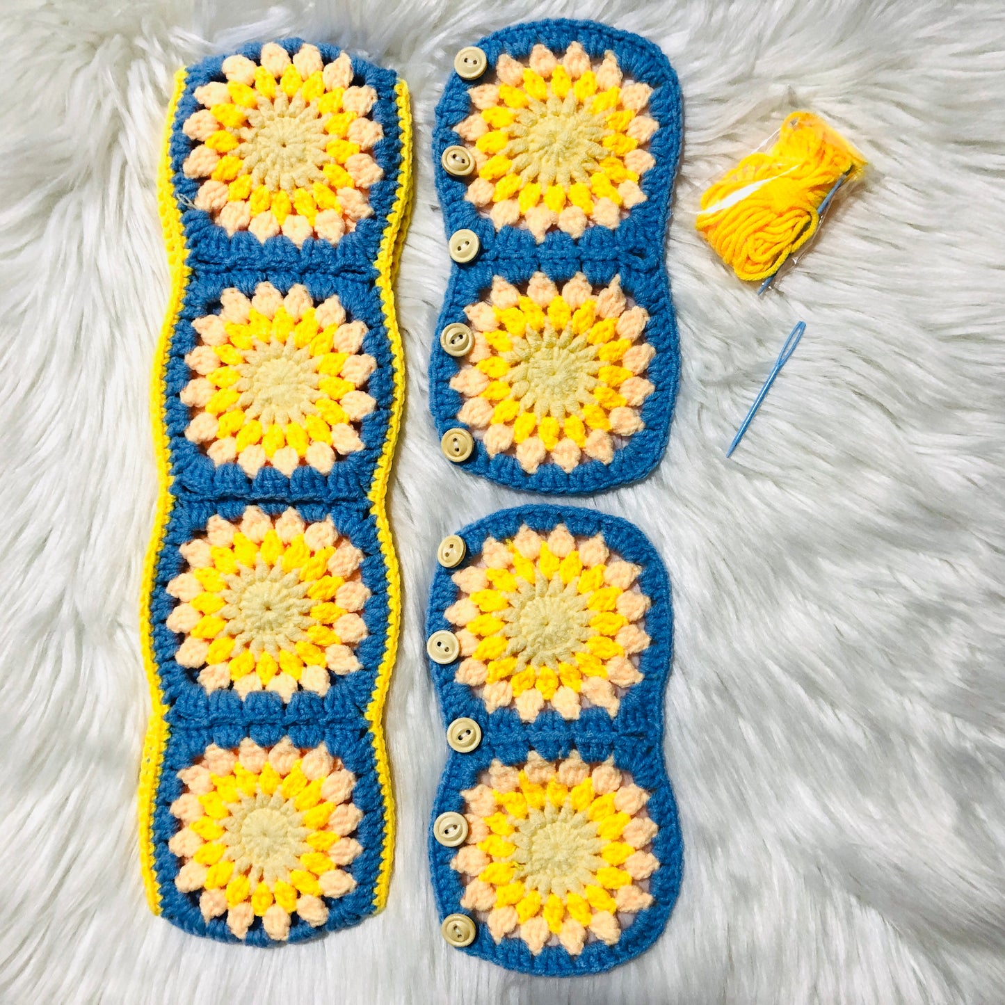 Steering Wheel Cover for women, Crochet cute yellow blue flower seat belt Cover, Car Accessories decorations