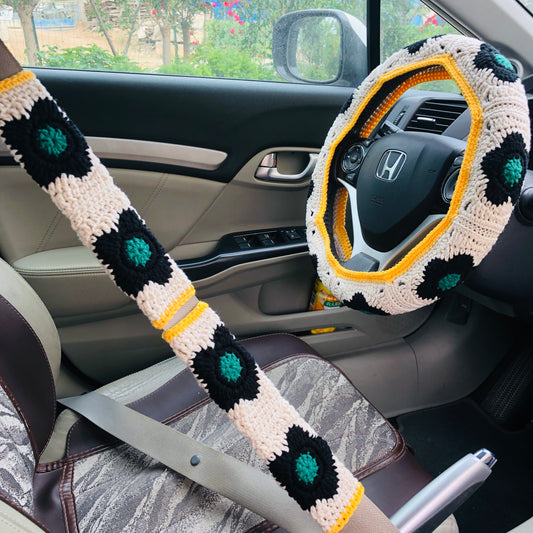 Steering Wheel Cover for women, Crochet cute Beige flower seat belt Cover, Car Accessories decorations