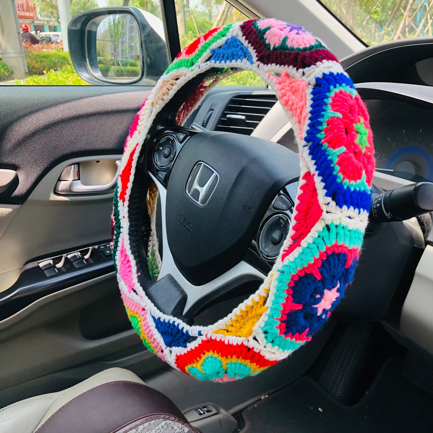 Steering Wheel Cover for women, Crochet cute Colorful flower seat belt Cover, Car Accessories decorations