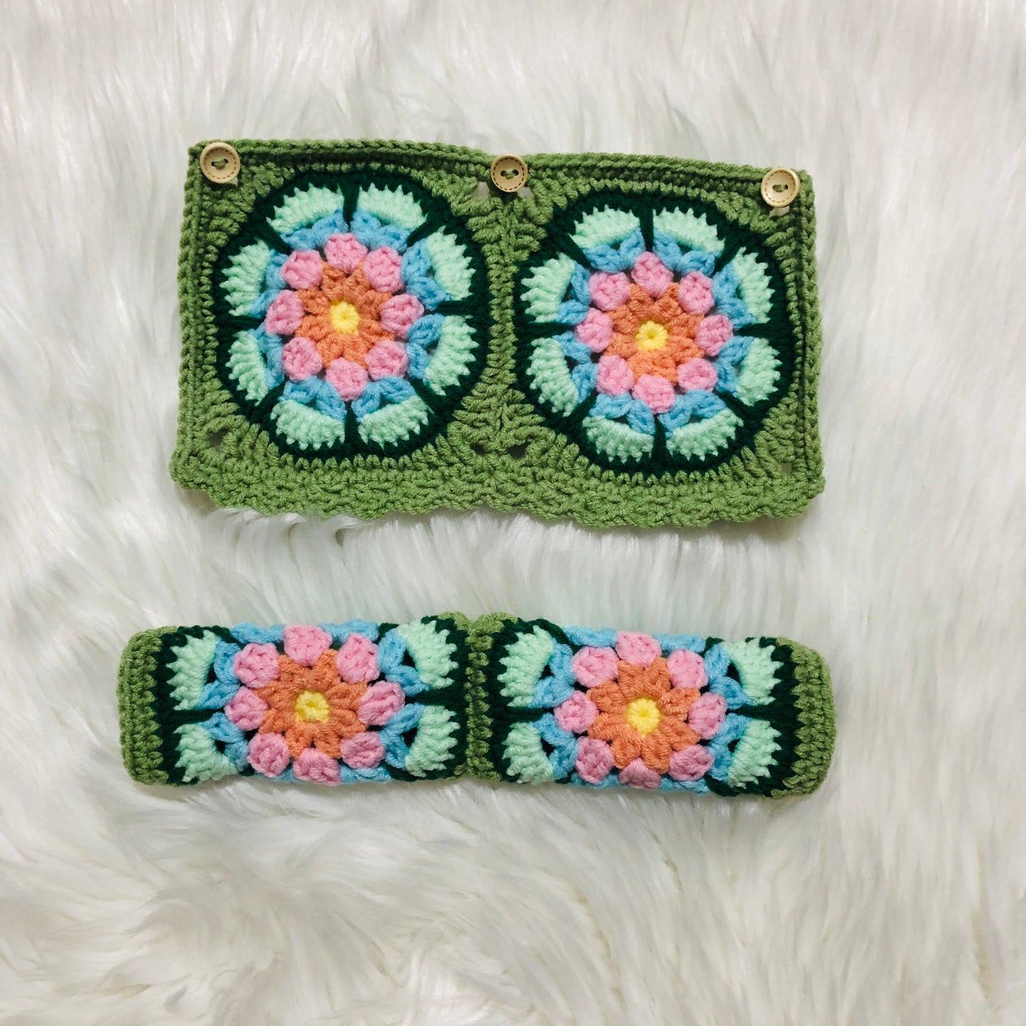 Steering Wheel Cover for women, Crochet Galsang Green flower seat belt Cover, Car Accessories decorations