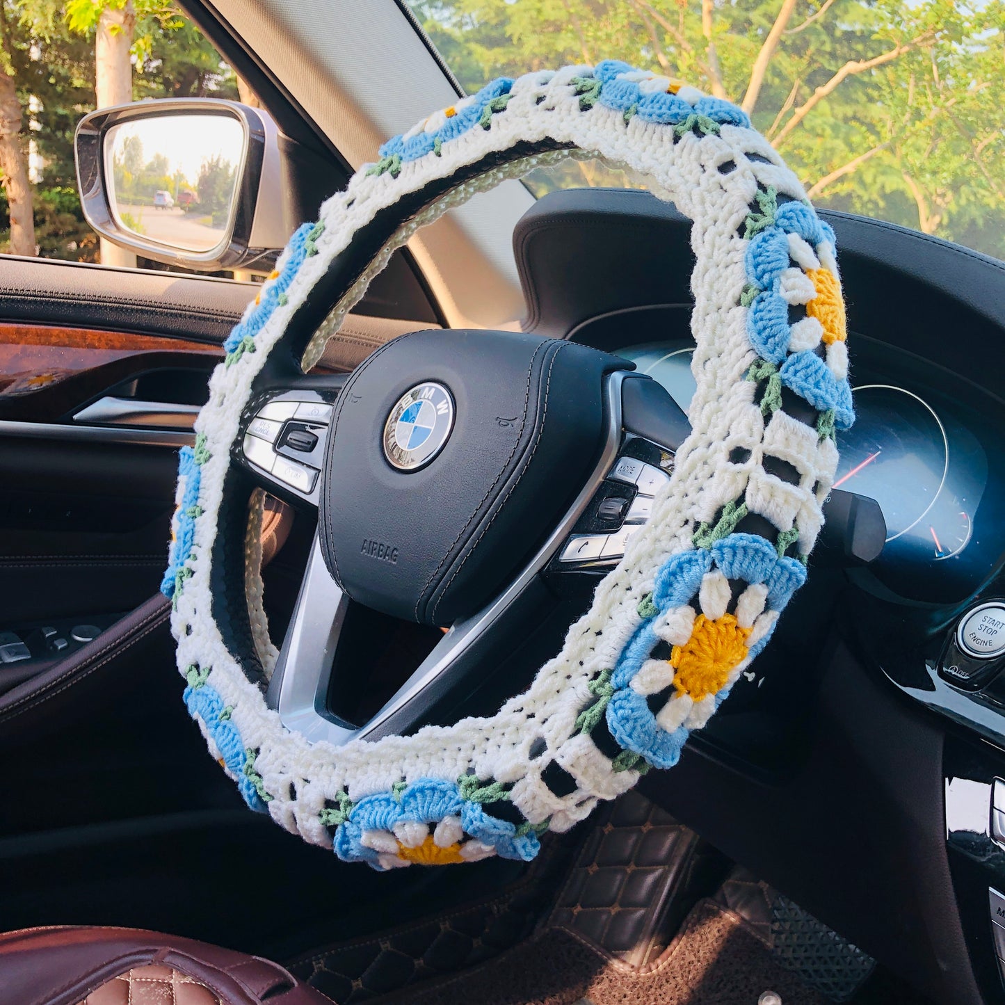 Steering Wheel Cover for women, Crochet cute flower seat belt Cover, Car Accessories decorations