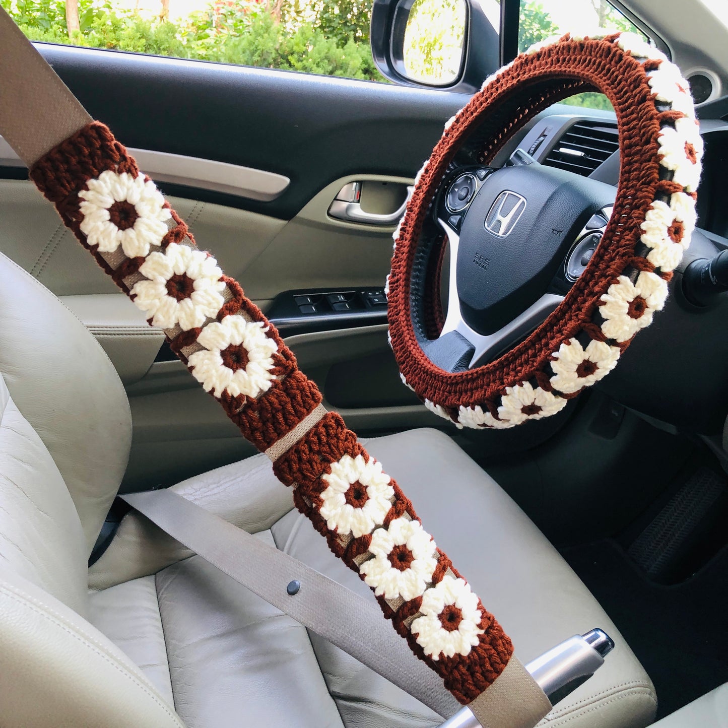 Steering Wheel Cover for women, Crochet Chocolate daisy flower seat belt Cover, Car Accessories decorations