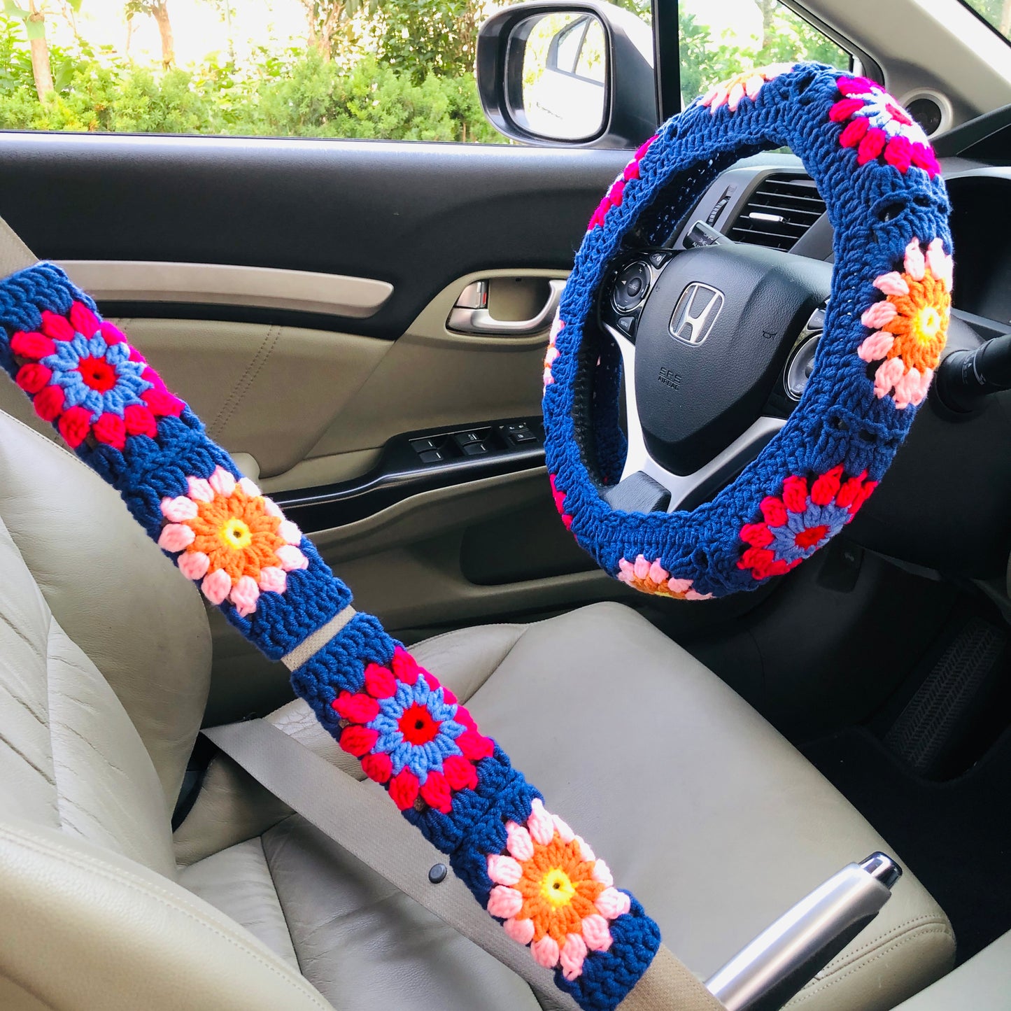 Steering Wheel Cover for women, Crochet Blue flower seat belt Cover, Car Accessories decorations