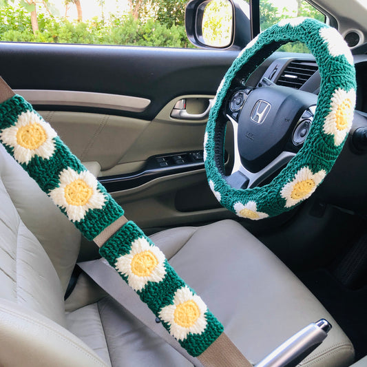 Steering Wheel Cover for women, Crochet Green flower seat belt Cover, Car Accessories decorations