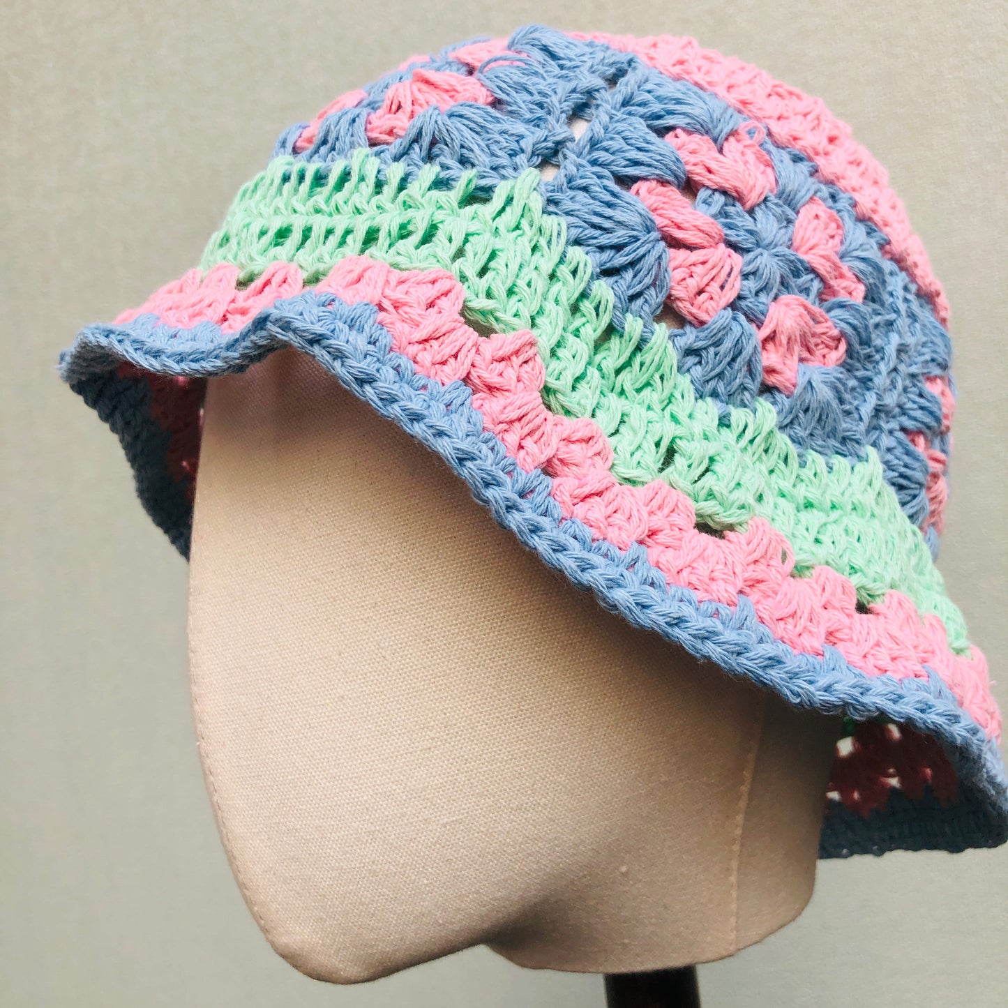 Crochet Hat, Granny Square Bucket Hat, Cute pink Handmade Knitted Hat