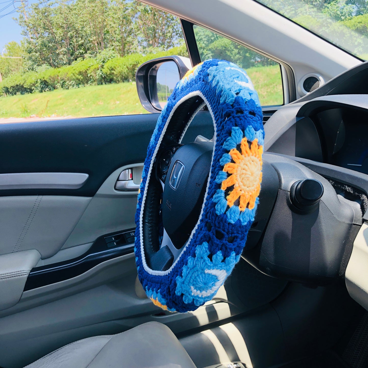 Steering Wheel Cover for women, Crochet star moon flower seat belt Cover, Car Accessories decorations